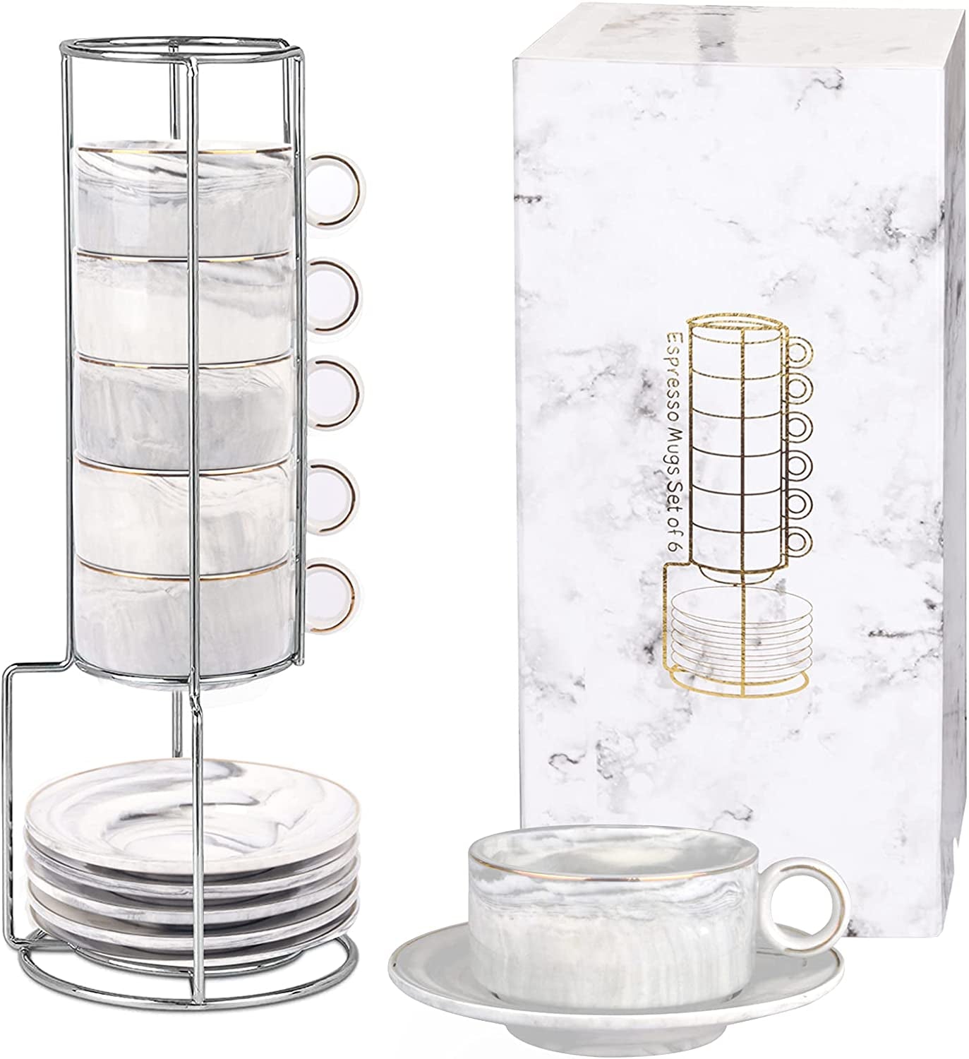 Marble Espresso Mugs Set of 6 with Rack
